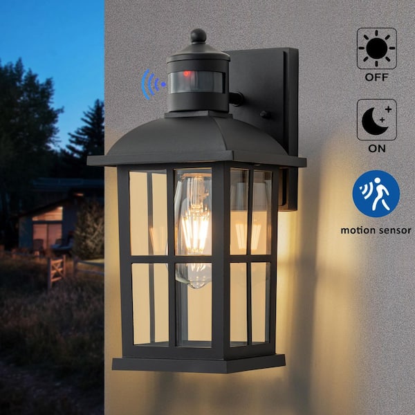 Matte Black Motion Sensing Outdoor Hardwired Wall Lantern Scone Dusk to Dawn Exterior Light with No Bulbs Included