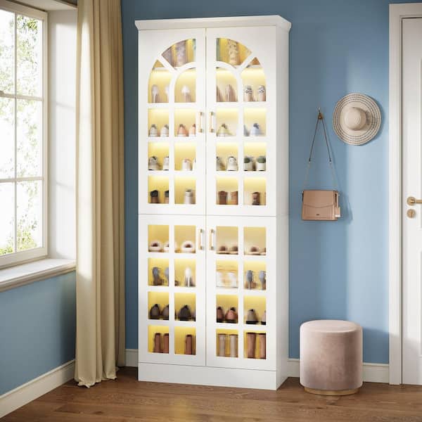 Cezalinda 76 in. Tall 30 Pair Wood White Entryway Closet 8 Adjustable Shelves Rack Shoe Storage Cabinet Doors Led Lights