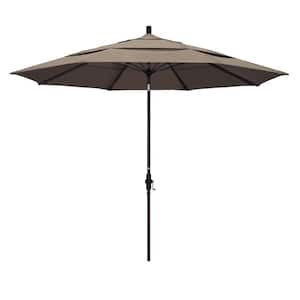 11 ft. Bronze Aluminum Market Patio Umbrella with Fiberglass Ribs Collar Tilt Crank Lift in Taupe Sunbrella