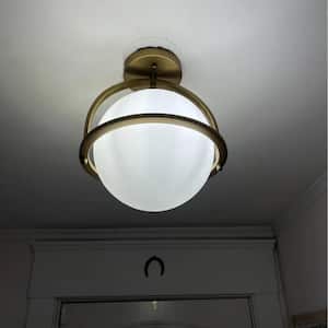 10.25 in. 1-Light Antique Brass Sphere Modern Semi Flush Mount with Opal Glass Shade and No Bulbs Included