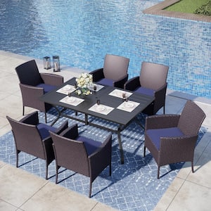 7-Piece Black Metal Patio Outdoor Dining Set with Slat Rectangular Table and Rattan Chairs with Blue Cushion