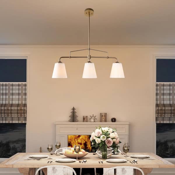 Mid-Century Gold Dining Room Chandelier, 32 in. 3-Light Modern Linear Island Chandelier with Fabric Shades