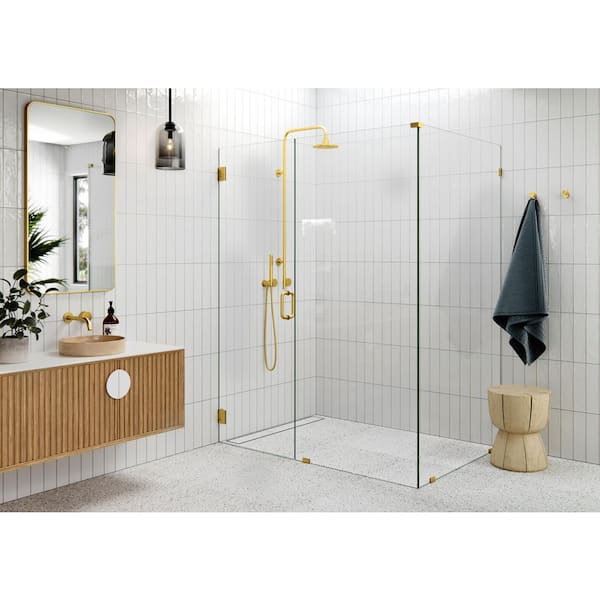 Glass Warehouse 59 in. W x 40.5 in. D x 78 in. H Pivot Frameless Corner Shower Enclosure in Satin Brass Finish with Clear Glass