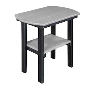 Poly Black Oval Plastic Resin Outdoor Side Table with Light Gray Shelves