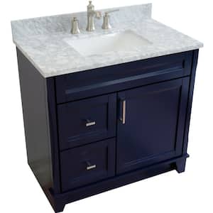37 in. W Single Vanity in Blue with Marble Vanity Top in White with Center White Rectangle Basin and Door on Right Side