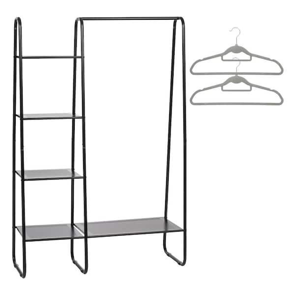 IRIS Black Metal Clothes Rack  with  Metal Mesh Shelves 16.10 in. W x 59.80 in. H, 2 Gray Non-Slip Hangers Included