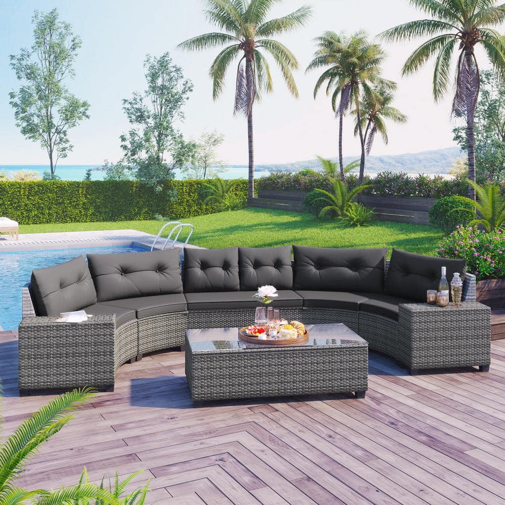 8-Pieces Wicker Outdoor Round Sofa Set, Patio Sectional Set with Rectangula