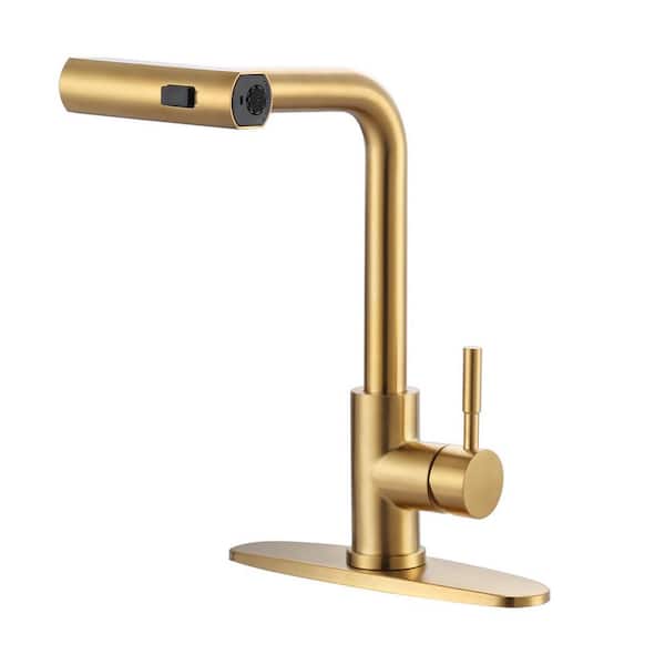 14 in. H Single Handle 360° Swivel Spout Pull Down Sprayer Kitchen Faucet with 3-Mode Spray Included in Brushed Gold