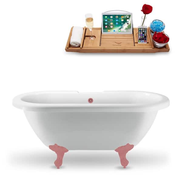 Streamline 67 in. x 29.1 in. Acrylic Clawfoot Soaking Bathtub in Glossy White with Matte Pink Clawfeet and Matte Pink Drain
