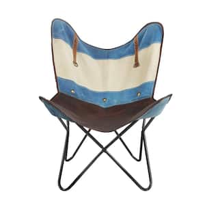 Striped Canvas Leather Blue / Ivory Butterfly Chair