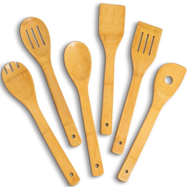 6-Piece Bamboo Wooden Spoon Set, 12 in. Spatula, Ladle and Slotted Utensils for Non-Stick Cookware