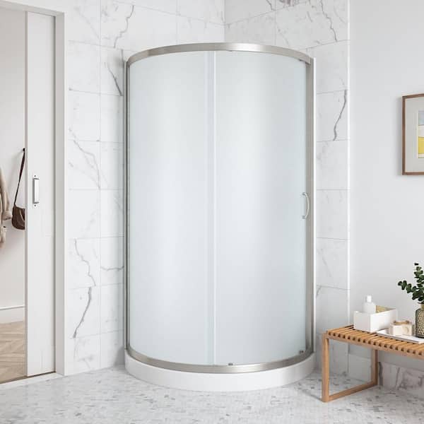 Breeze 32 in. L x 32 in. W x 77.36 in. H Corner Shower Kit with Frosted Framed Sliding Door in Satin Nickel
