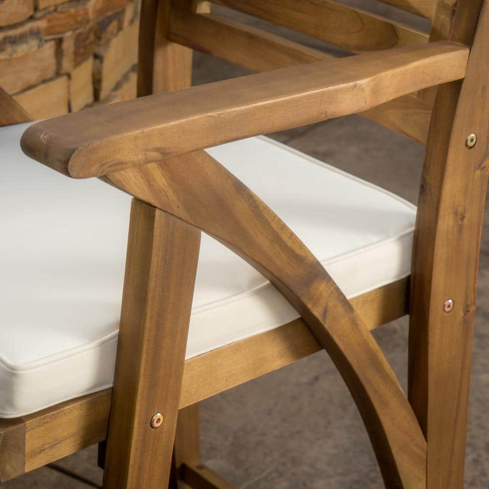 Acacia Wood Bar Height Armchairs with Cream Cushions, Set of 4