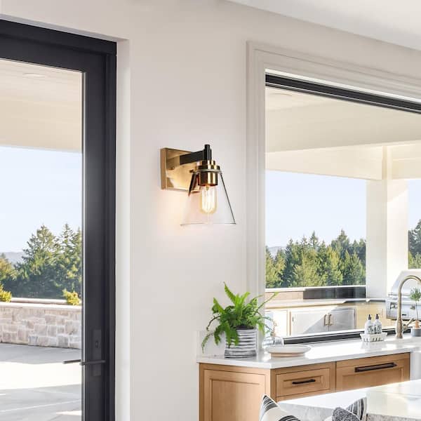 Fatime 1-Light Black Indoor Wall Sconce, Cone Clear Glass Modern Bathroom Vanity Light, Industrial Brass Gold Wall Light