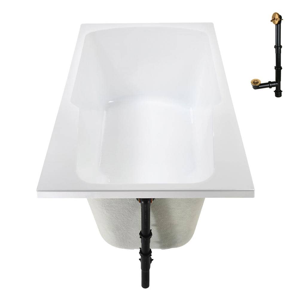 72'' Glossy White Acrylic Soaking Drop-In Bathtub with Brushed Gold Hardware