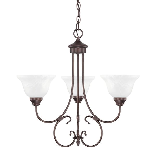 Hometown 24 in. W x 24 in. H 3-Light White Faux Alabaster Glass Chandelier in Bronze
