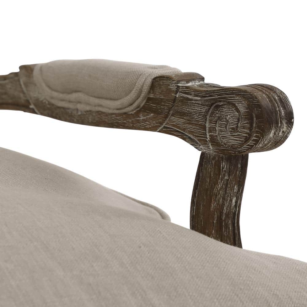 Natural Linen and Wood Accent Chair with Carved Details