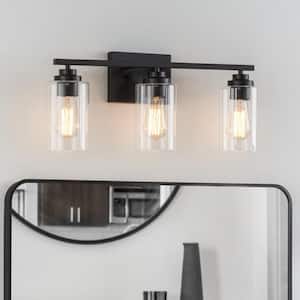 22 in. 3-Light Black Vanity Light with Clear Glass Shade