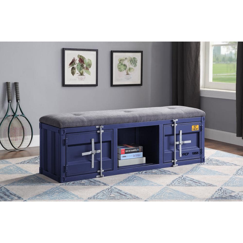 Blue Metal Storage Bench with Gray Fabric Seat