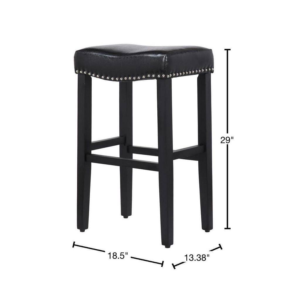 29" Black Leather Upholstered Saddle Bar Stool with Chrome Accents