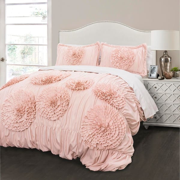 Serena 3 Pieces Pink Blush Textured Microfiber Full/Queen Comforter Set