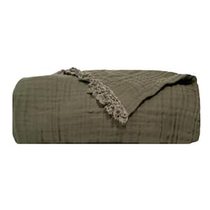 2-Toned Organic Olive Green Cotton 1-Piece Throw Blanket