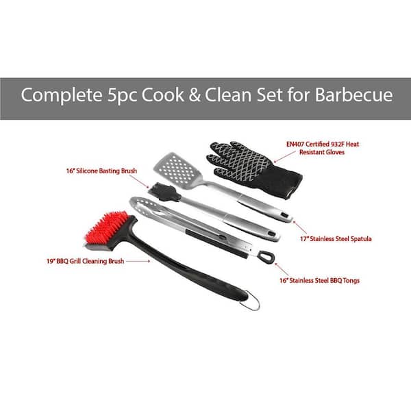 Pitmaster King Cook and Clean BBQ Grill Essentials 5-Piece Value Set with Tongs, Spatula, Basting Brush, Cleaning Brush and Heat Gloves