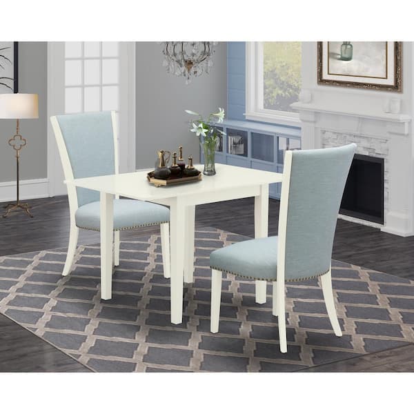 East West Furniture 3-Piece Linen White Finish Rectangular Solid Wood Top with Dropleaf Dining Table Set