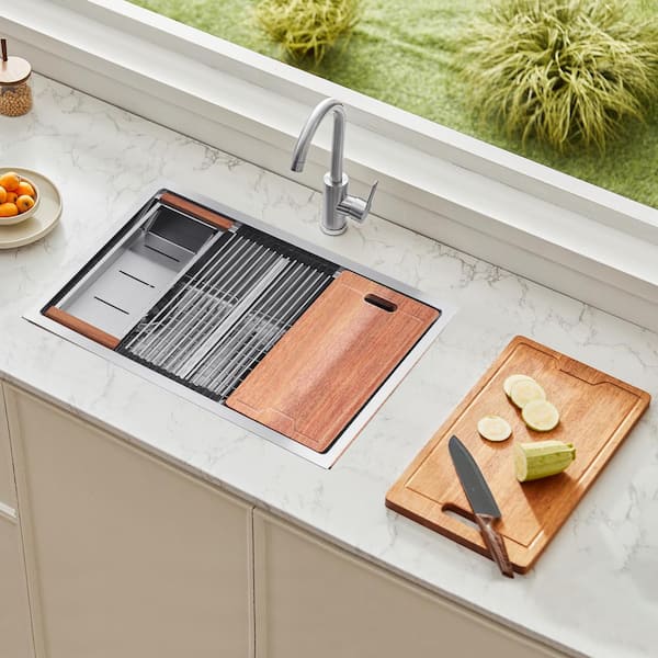 33 in. Kitchen Sink Workstation, 304 Stainless Steel Undermount Sink, Drop-In Double Bowl Farmhouse Basin with Ledge