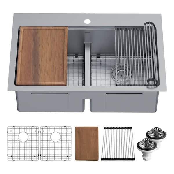 Karran 33 in. Drop-In 50/50 Double Bowl 16-Gauge Stainless Steel Workstation Kitchen Sink