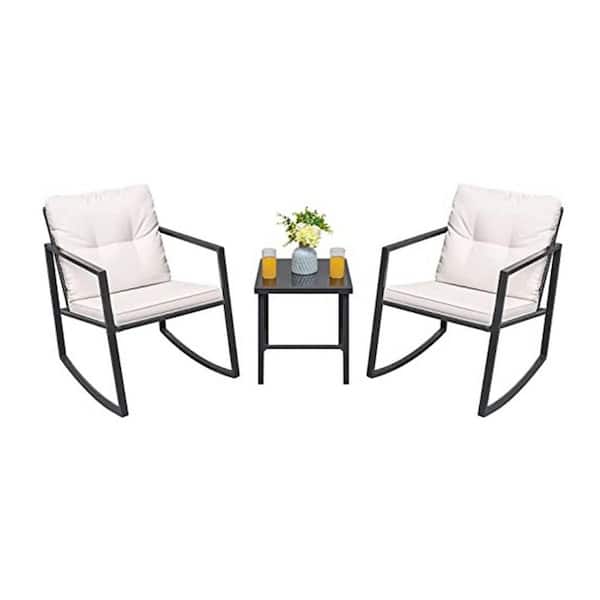 Unbranded Metal Outdoor Rocking Chair Conversation Sets with Porch Chairs and Glass Coffee Table, Beige Cushions, 3-Packs