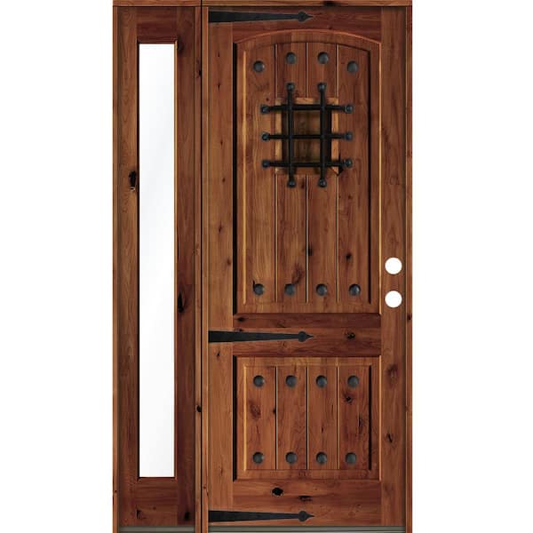 Krosswood Doors 56 in. x 96 in. Mediterranean Knotty Alder Left-Hand/Inswing Clear Glass Red Chestnut Stain Wood Prehung Front Door