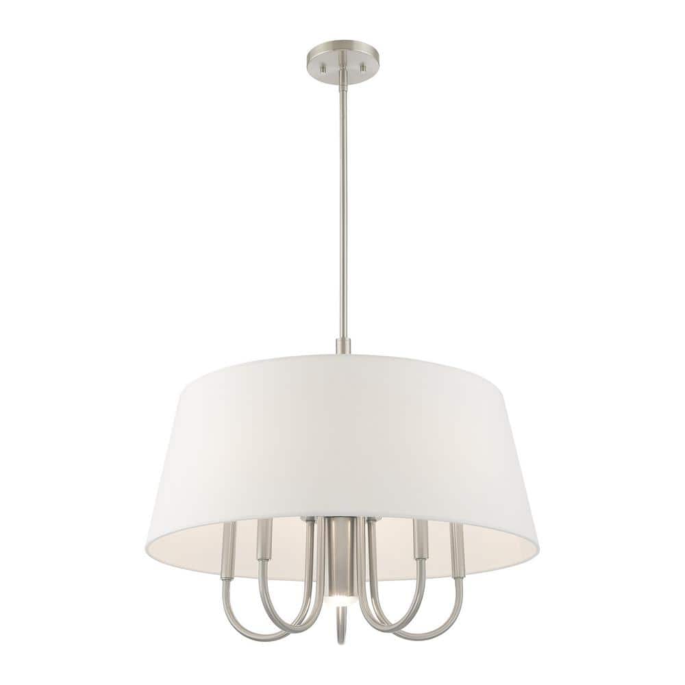 Belclaire 6-Light Brushed Nickel Pendant with Off-White Drum Shade