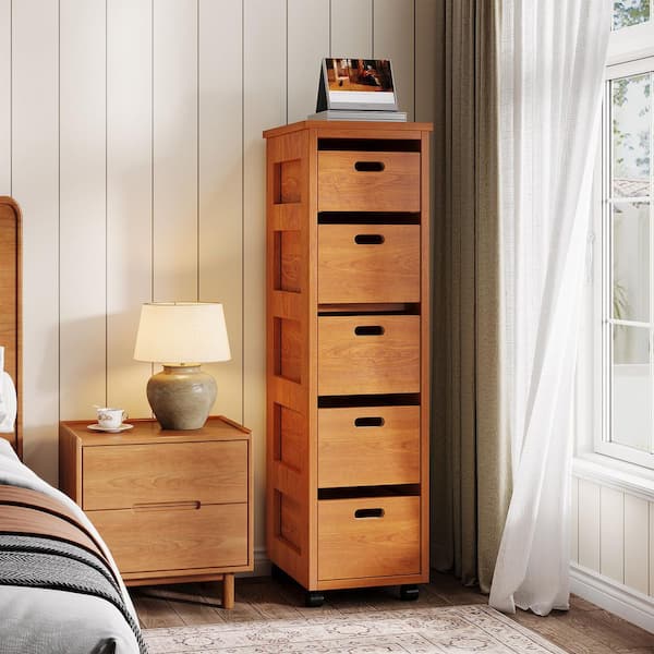5-Drawer Chest of Drawers, 11.8 in. W Narrow Dresser for Bedroom, Walnut Brown