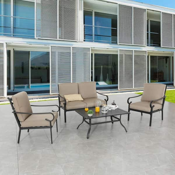 Patio Festival 4-Piece Metal Patio Conversation Deep Seating Set with Khaki Cushions