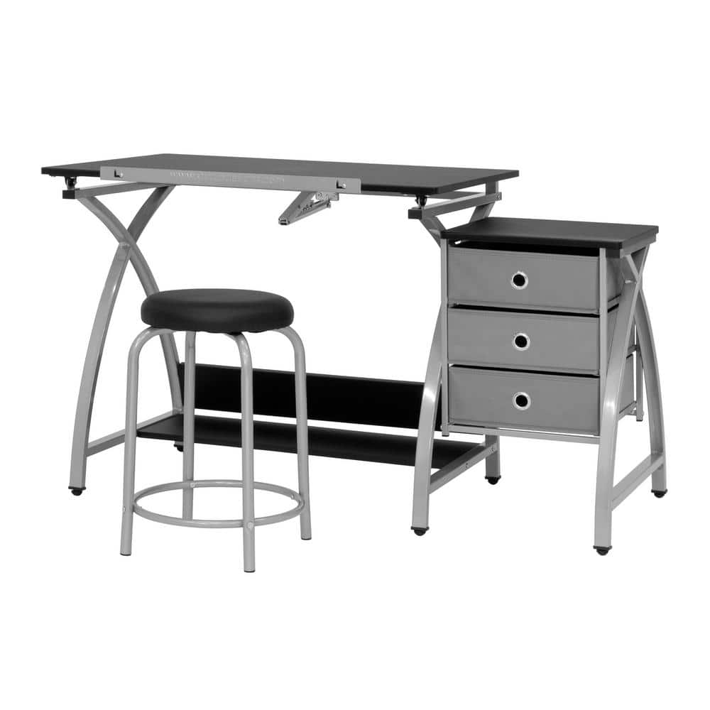 Comet Art & Craft Workstation with Storage and Padded Stool, Silver & Black