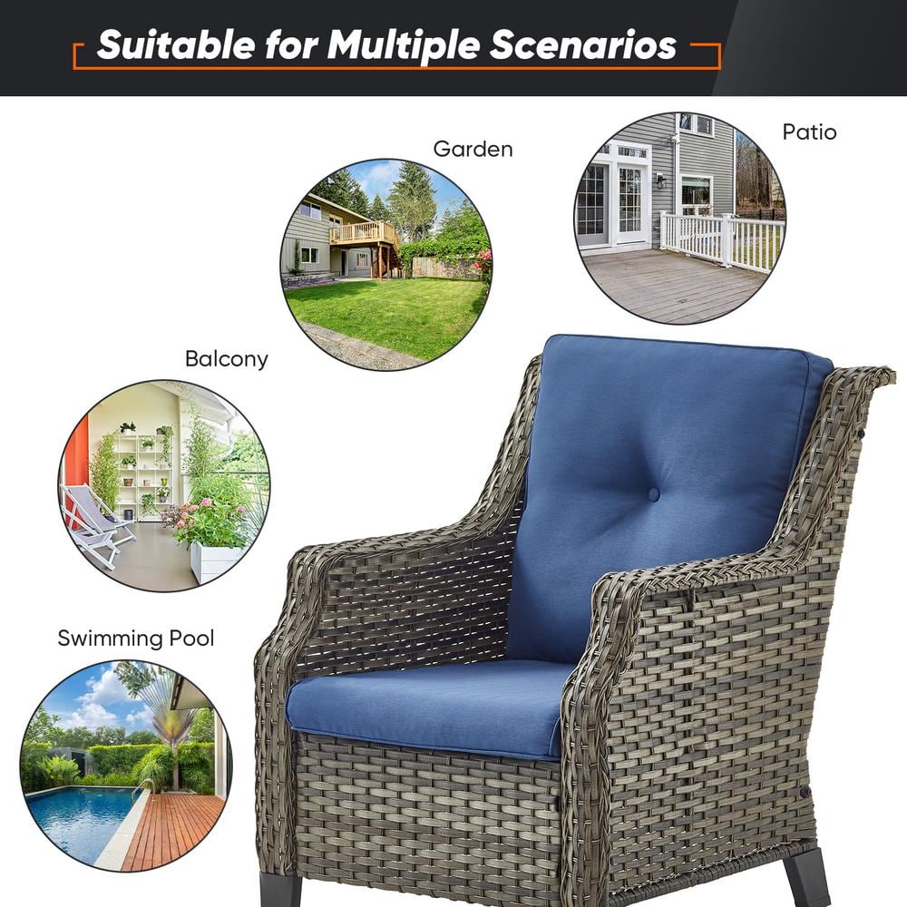 Gray Steel Wicker Lounge Chairs with Blue Cushions (2-Pack)