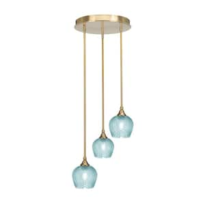 Villa 15.25 in. 3-Light New Age Brass Cluster Pendant Light with 6 in. Turquoise Textured Glass Shades no bulbs included