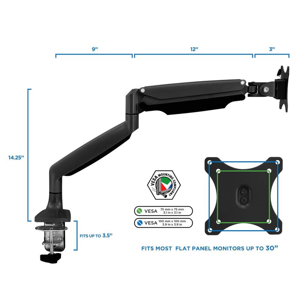 Black Adjustable Aluminum and Steel Single Monitor Desk Mount