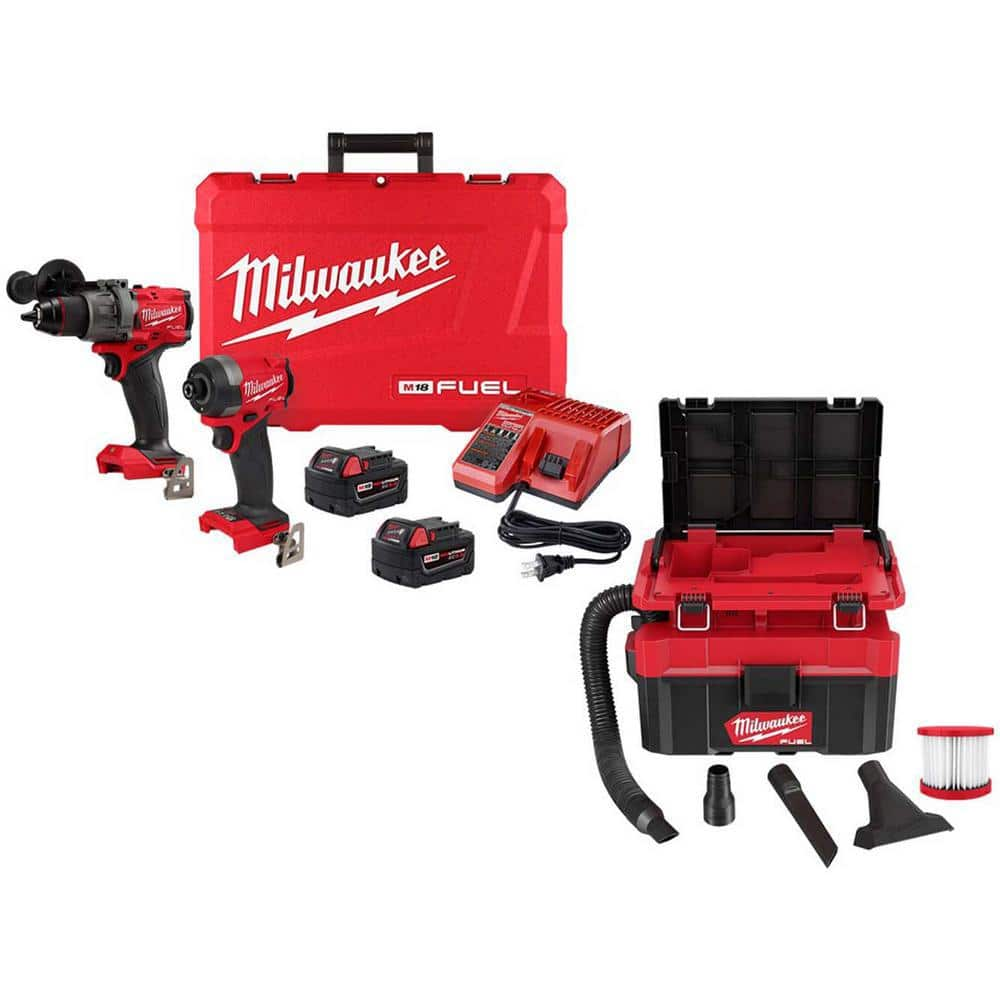 M18 FUEL 18V Lithium-Ion Brushless Cordless Hammer Drill/Impact Driver Combo Kit w/M18 Packout 2.5 Gal Wet/Dry Vacuum -  Milwaukee, 3697-22-0970