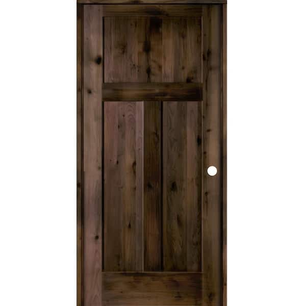 Krosswood Doors 32 in. x 80 in. Craftsman Knotty Alder 3-Panel Left-Handed Black Stain Solid Wood Single Prehung Interior Door