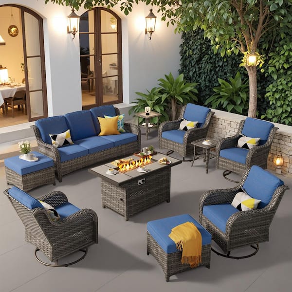 Joyoung Gray 10-Piece Wicker Patio Rectangle Fire Pit Conversation Set with Denim Blue Cushions and Swivel Chairs