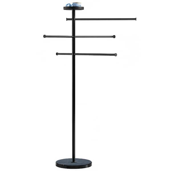 Adjustable 3-Arm Outdoor Freestanding Towel Rack with Marble Base and Top Tray for Pool and Hot Tub in Mette Black