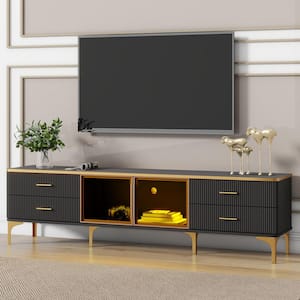69 in. Black TV Stand Fits TVs up to 78 in. with Marble-veined Table Top, Brown Glass Cabinet, LED Light and Drawers