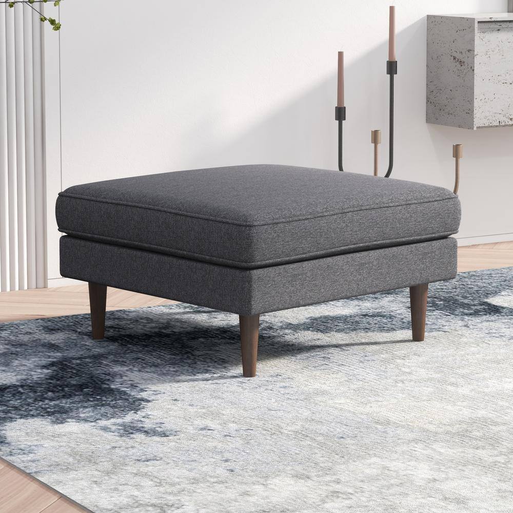 Modern Gray Linen Square Cocktail Ottoman with Solid Wood Legs