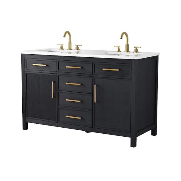 Logan 54 in. W Bath Vanity in Ebony with Engineered Stone Top in Carrara White with White Sinks