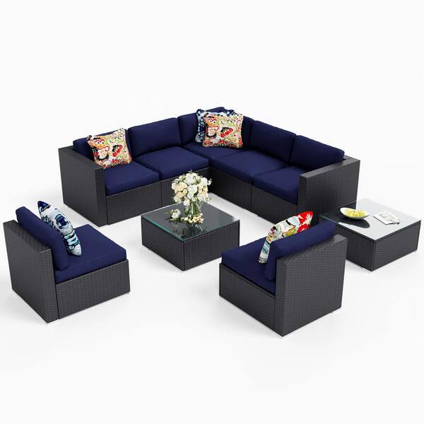 PHI VILLA Dark Brown 7 Seat 9Piece Rattan Wicker Steel Patio Outdoor