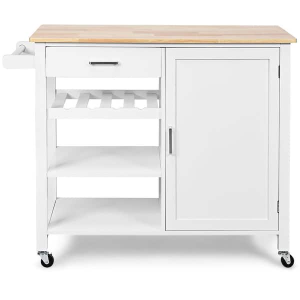 Costway 4-Tier White Wood Kitchen Island Trolley Cart Storage Cabinet with Wine Rack