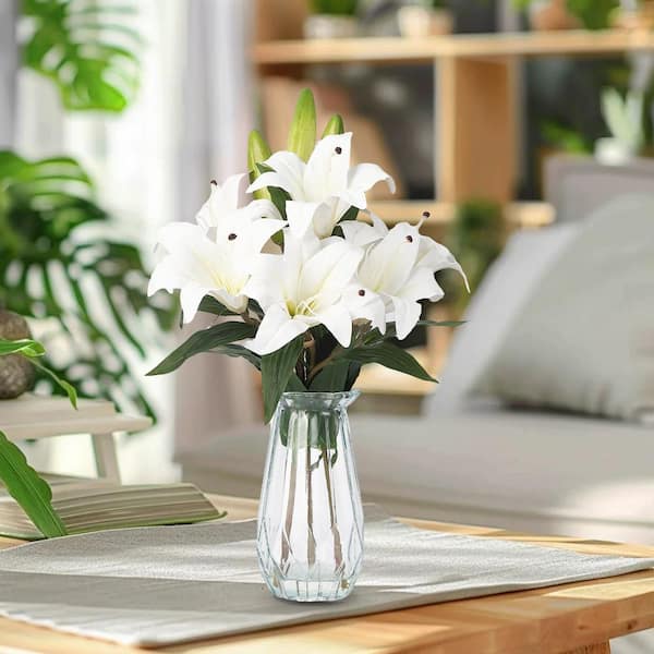 Artificial Lily Bouquet with Glass Vase - 19.7 in. Tall, Lifelike