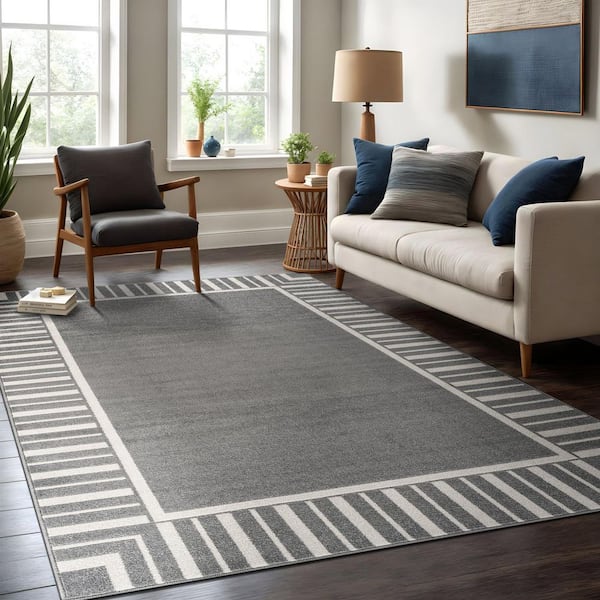 Edge Gray 6 ft. x 9 ft. Rubber Back Washable Geometric Border Indoor Outdoor Patio Area Rug